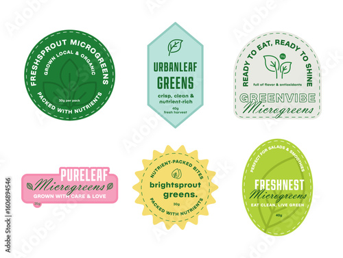 Fresh and vibrant vector labels featuring microgreens for nutritious food branding and culinary use