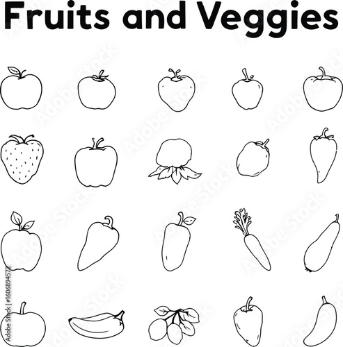 Black and white line art illustration of various fruits and vegetables on a white background