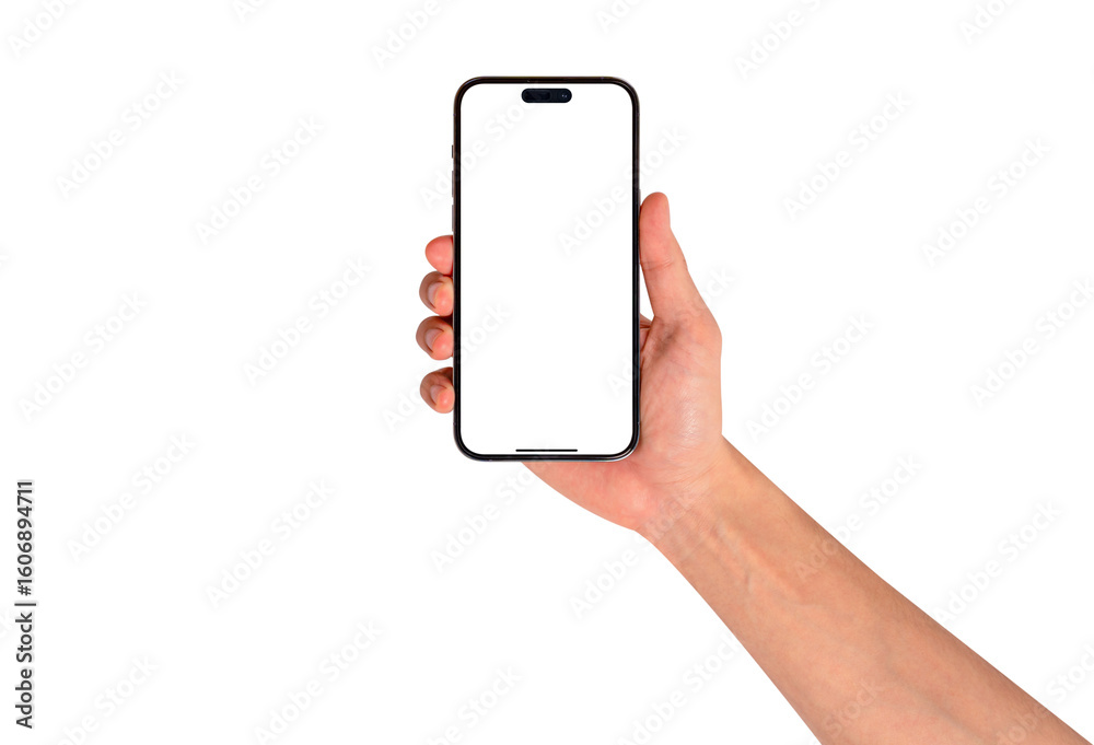 custom made wallpaper toronto digitalFront view of a hand holding a smartphone with a blank customizable screen isolated on transparent PNG.