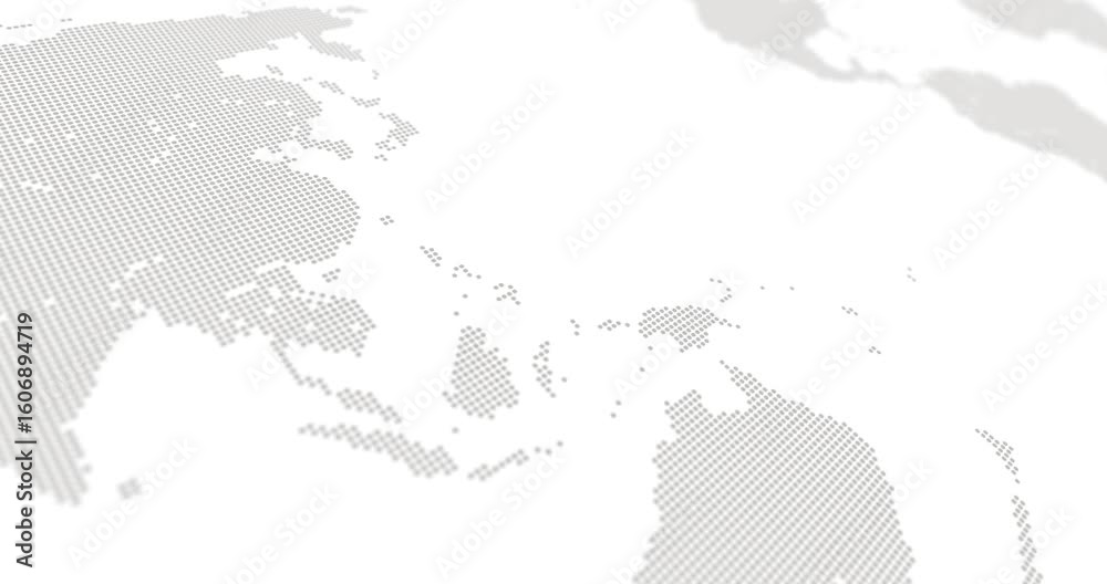World map design created with small dots moving horizontally on a white background with camera blur.