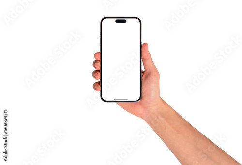 Front view of a hand holding a smartphone with a blank customizable screen isolated on transparent PNG.