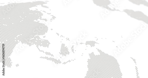 World map design created with small dots moving horizontally on a white background with camera blur.