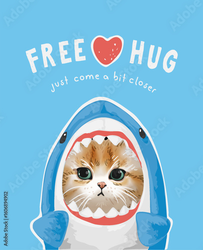 free hug slogan with cute little kitten in shark mouth vector illustration
