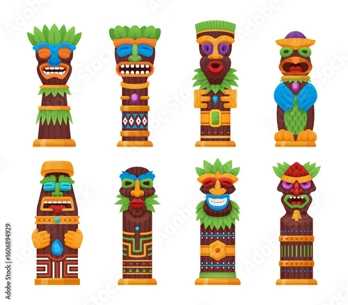 A vibrant collection of tiki totems represents Hawaiian culture with intricate designs and colorful characters.
