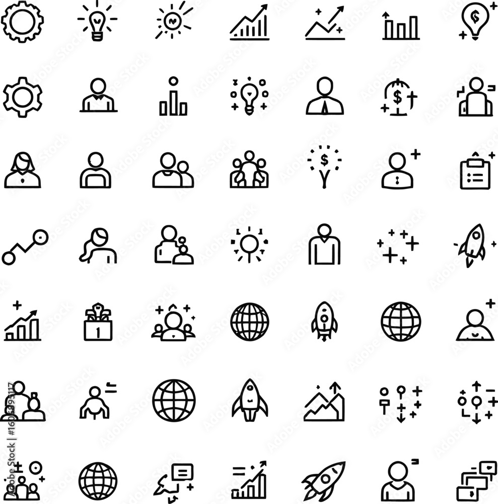 Fototapeta premium Collection of business and startup icons in black outline style isolated on a white background