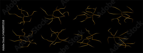 Set of golden material of kintsugi crack restoration vector elements