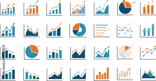 Various types of charts and graphs displayed in a grid format with orange and teal colors used throughout