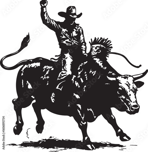 Monochrome Illustration of a Cowboy Riding a Bull in a Rodeo Event, Capturing the Excitement and Danger