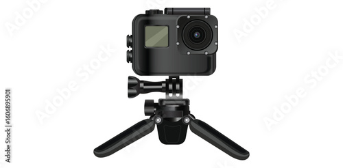 Action camera on tripod realistic vector showing recording device perfect for travel video blogging sports photography adventure shoot or content creation
