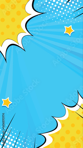 Pop Art Burst of Color: A vibrant explosion of comic-inspired art with bold yellow and blue hues, accented by dynamic star, and speech bubble elements, creating a visually arresting composition.