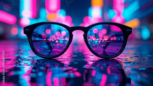 Vibrant, stylish photo of a pair of black-framed sunglasses on a wet, reflective asphalt surface. Blurry neon pink and blue night city lights in the background. 