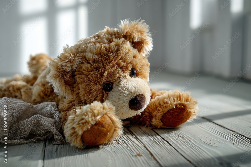 Obraz premium Broken teddy bear rests sideways on a clean light wooden floor, reflecting quiet moments of nostalgia and emotional minimalism