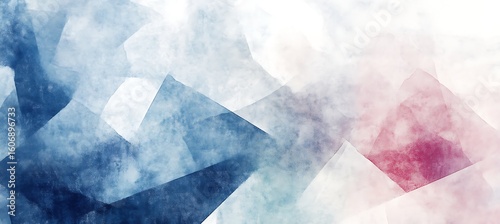 Abstract watercolor painting with geometric shapes in shades of blue pink and white color palette empty template