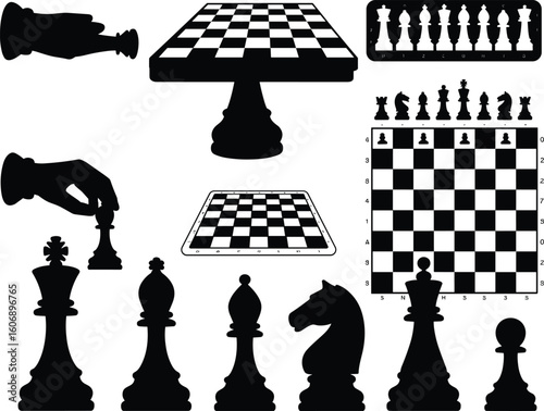 Chess board silhouette, hand moving piece, classic black chess icons, strategy game illustration, isolated vector chess set elements