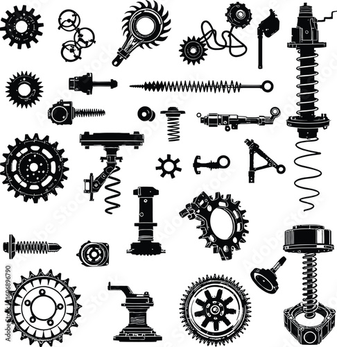A collection of black mechanical parts and gears isolated on a white background in a vector style