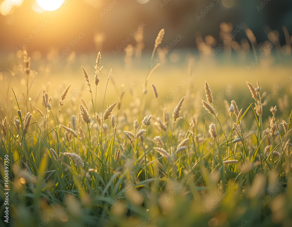 Fototapeta premium Golden Hour Meadow Serene Grassland at Sunset, Soft Focus, Warm Tones, Nature Background.