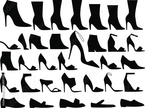Set of black high heel and flat shoe silhouettes, fashion footwear design icons, women's shoes collection vector for style concept