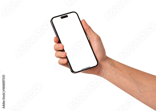Wallpaper Mural Front view of a hand holding a smartphone with a blank customizable screen isolated on transparent PNG. Torontodigital.ca