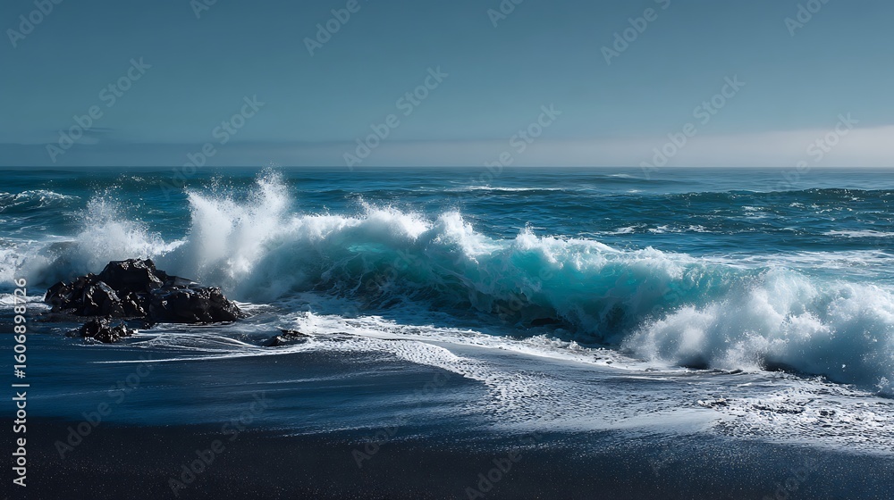 Fototapeta premium black volcanic sand beach with strong waves crashing natural beauty raw