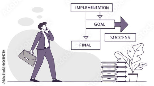 Vector Businessman contemplating plan for success with flowchart elements and books