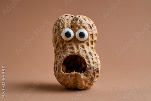 Surprised peanut with googly eyes expressing shock on a brown background