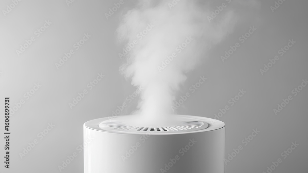 White minimalist humidifier, cylindrical design, clean aesthetic, steam rising White minimalist humidifier, cylindrical design, clean aesthetic, steam rising