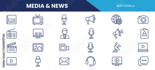 Media & News Line Icons – Press, Journalism, Broadcasting, Microphone, Satellite, TV, and Communication Symbols