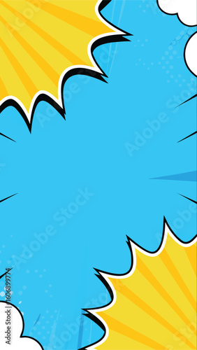 Comic Book Burst: a vibrant comic book composition, featuring dynamic bursts of yellow radiating from the upper right and lower left corners, framed by a blue space