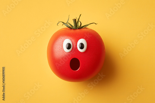 Bright red tomato with surprised facial features against a yellow background, showcasing playful character and vibrant colors ideal for food-related content and children's themes
