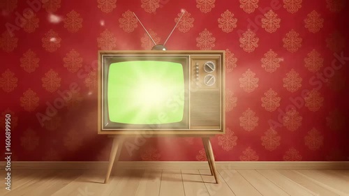 Retro Vintage Television Set with Green Screen and Ornate Red Wallpaper