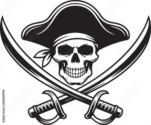 A vintage pirate skull emblem with crossed swords. This monochrome vector illustration features a corsair wearing a tricorn hat.