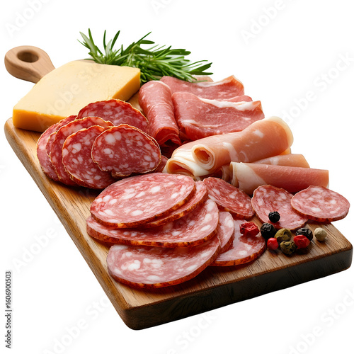 A selection of sliced cured meats including salami ham and sausage arranged neatly on a wooden cutting board and garnished with fresh sprigs of rosemary