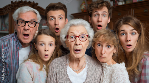 Multi-generational family reacting with confusion to a manipulated family video.