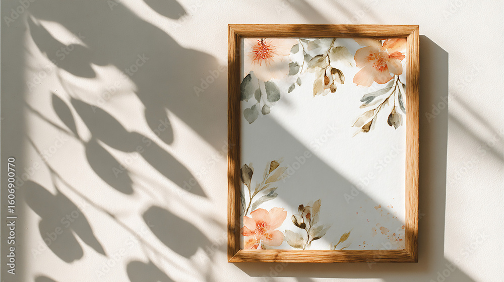 Fototapeta premium Floral Watercolor Art Print: Peach Roses & Greenery in Wooden Frame - Sunlit Wall Decor
