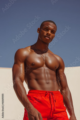 Muscular Black man in red swim trunks poses against clear blue sky at a sandy beach, showcasing summer fitness and relaxation