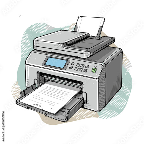 Multifunction printer with paper output in sketch style  