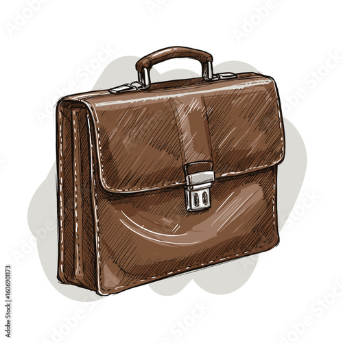Brown leather briefcase with handle and metal clasp on white background  