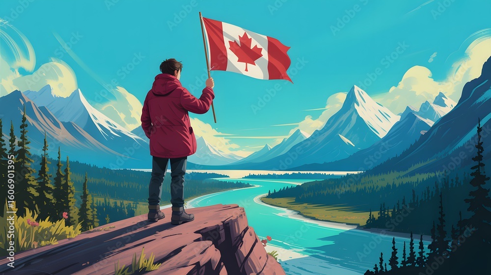 Obraz premium Person holding Canadian flag on cliff overlooking mountain river valley Canada holding flag