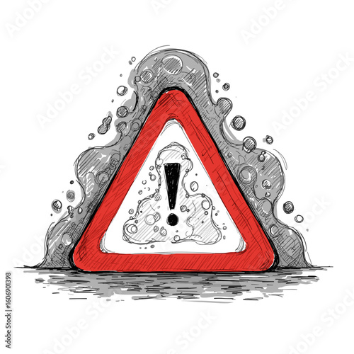 Warning sign with exclamation mark surrounded by splashes of water  