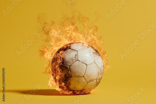 Flaming soccer ball against vibrant yellow background creating dynamic visual energy