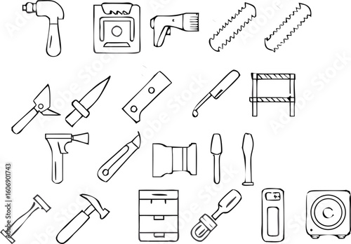 Minimal Line Art Icons of Utility Tools and Blades for Construction & Crafting