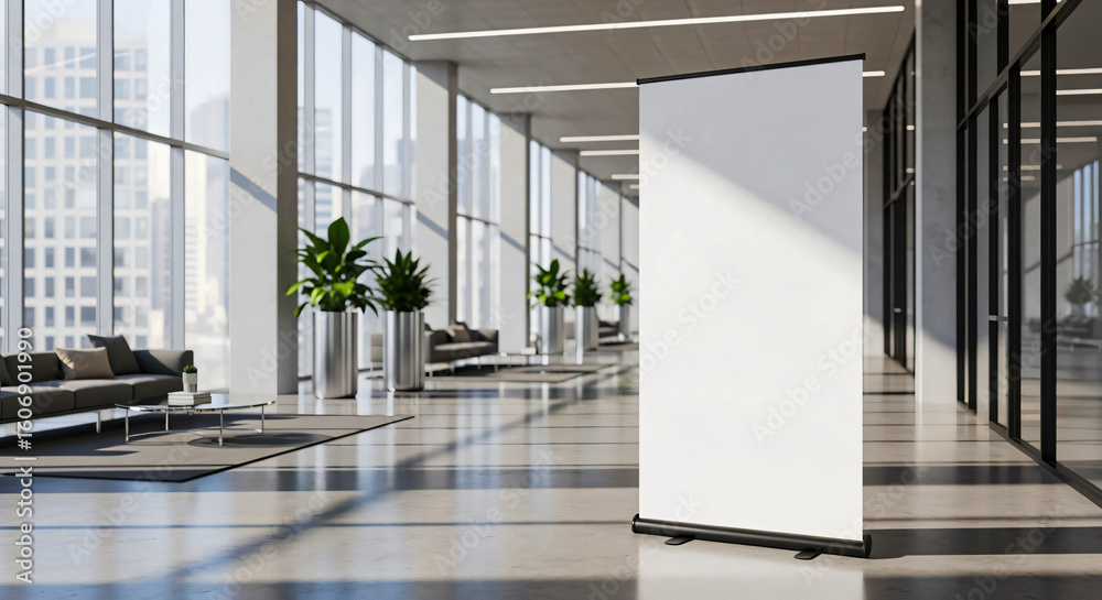 Obraz premium Blank Banner Stand in Modern Office Lobby with City View,mockup