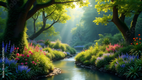 Fototapeta Naklejka Na Ścianę i Meble -  Sunlight streams through lush green trees onto a vibrant flower lined stream in a magical forest