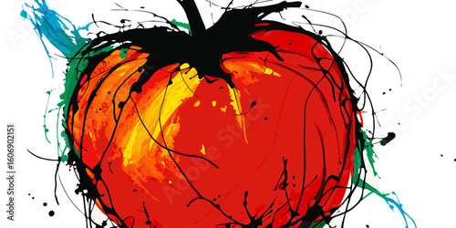 Red tomato painted in vibrant colors, for food blogs