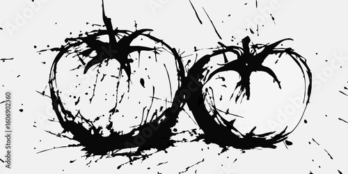 Tomatoes in black ink, splatters, grunge style for food blogs