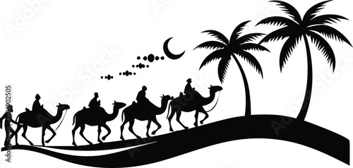 Silhouette of Camel Caravan Under Night Sky in Desert Oasis