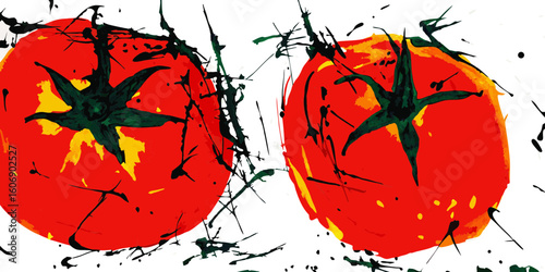Two tomatoes in expressive style, red and yellow colors, for food blogs
