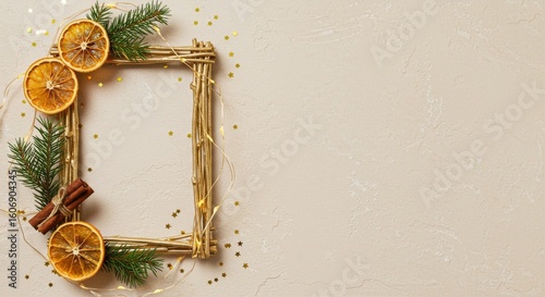 Flat lay Christmas background with cozy handmade rustic decor.