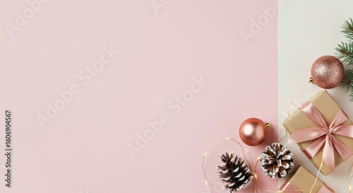 Flat lay Christmas background with cozy handmade rustic decor.