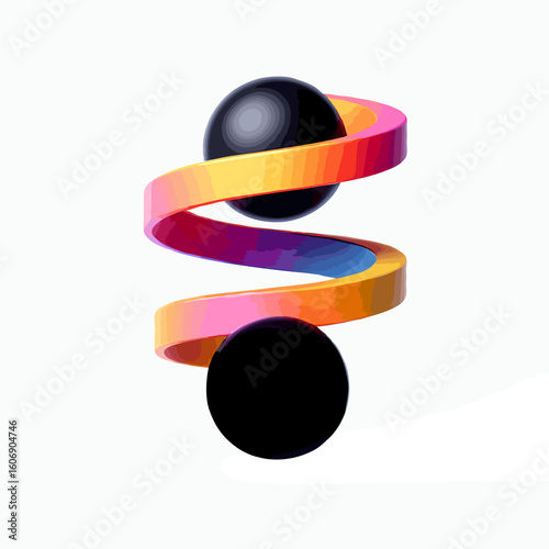 Vector art of two black spheres connected by a vibrant spiraling ribbon in 3d render